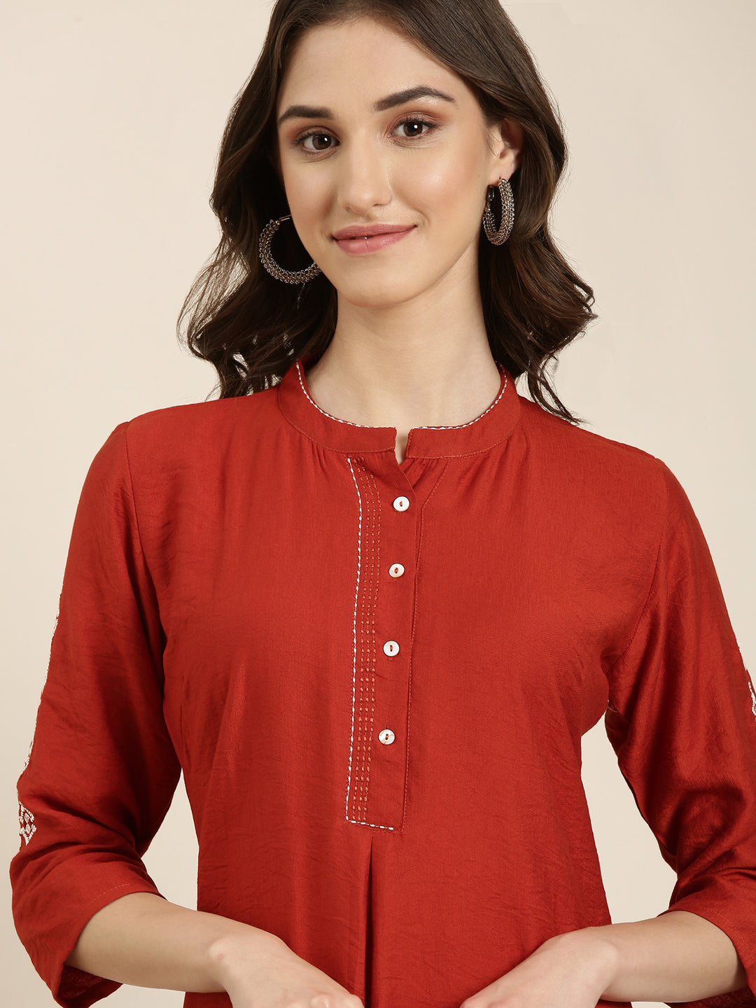 Women's Rust Mandarin Collar Straight Kurta