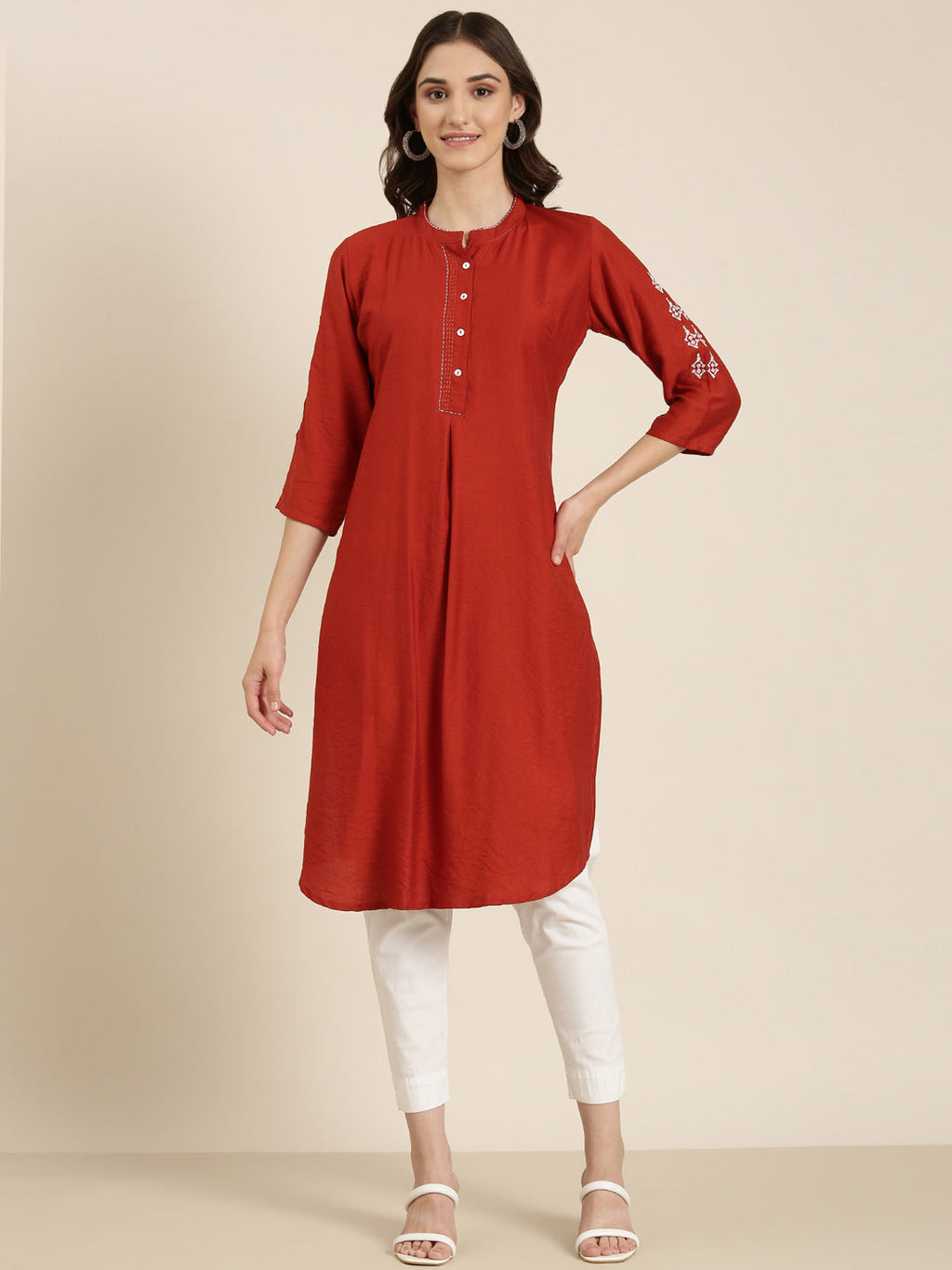 Women's Rust Mandarin Collar Straight Kurta
