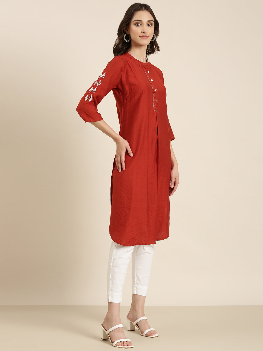 Women's Rust Mandarin Collar Straight Kurta