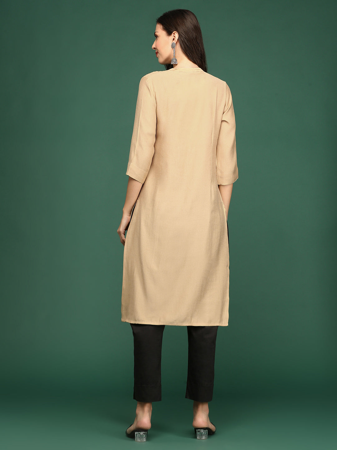 Women's Beige Mandarin Collar Straight Kurta