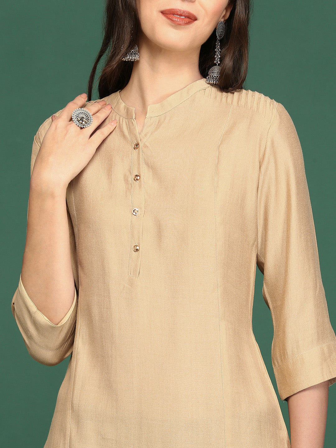 Women's Beige Mandarin Collar Straight Kurta
