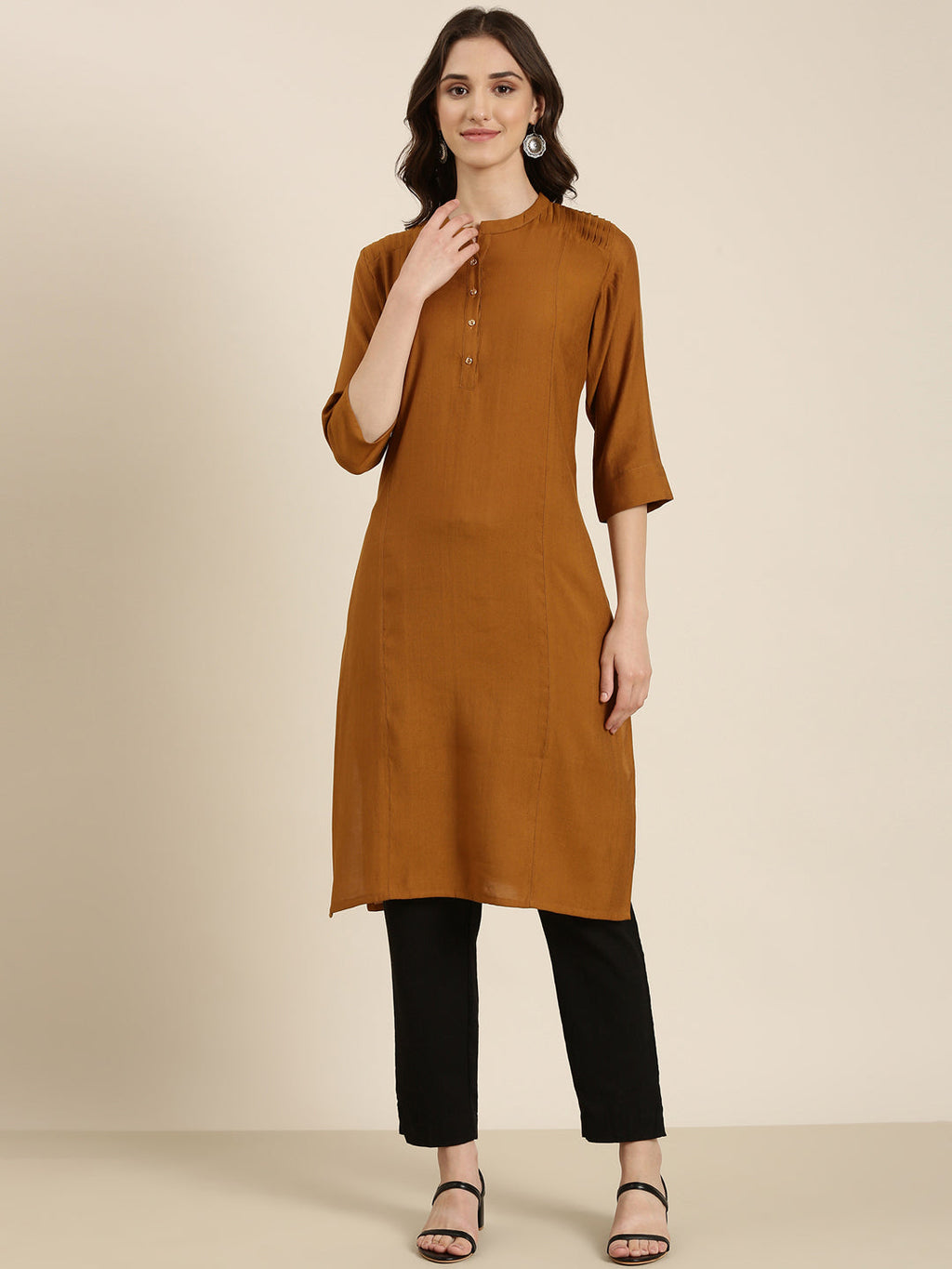 Women's Camel Brown Mandarin Collar Straight Kurta