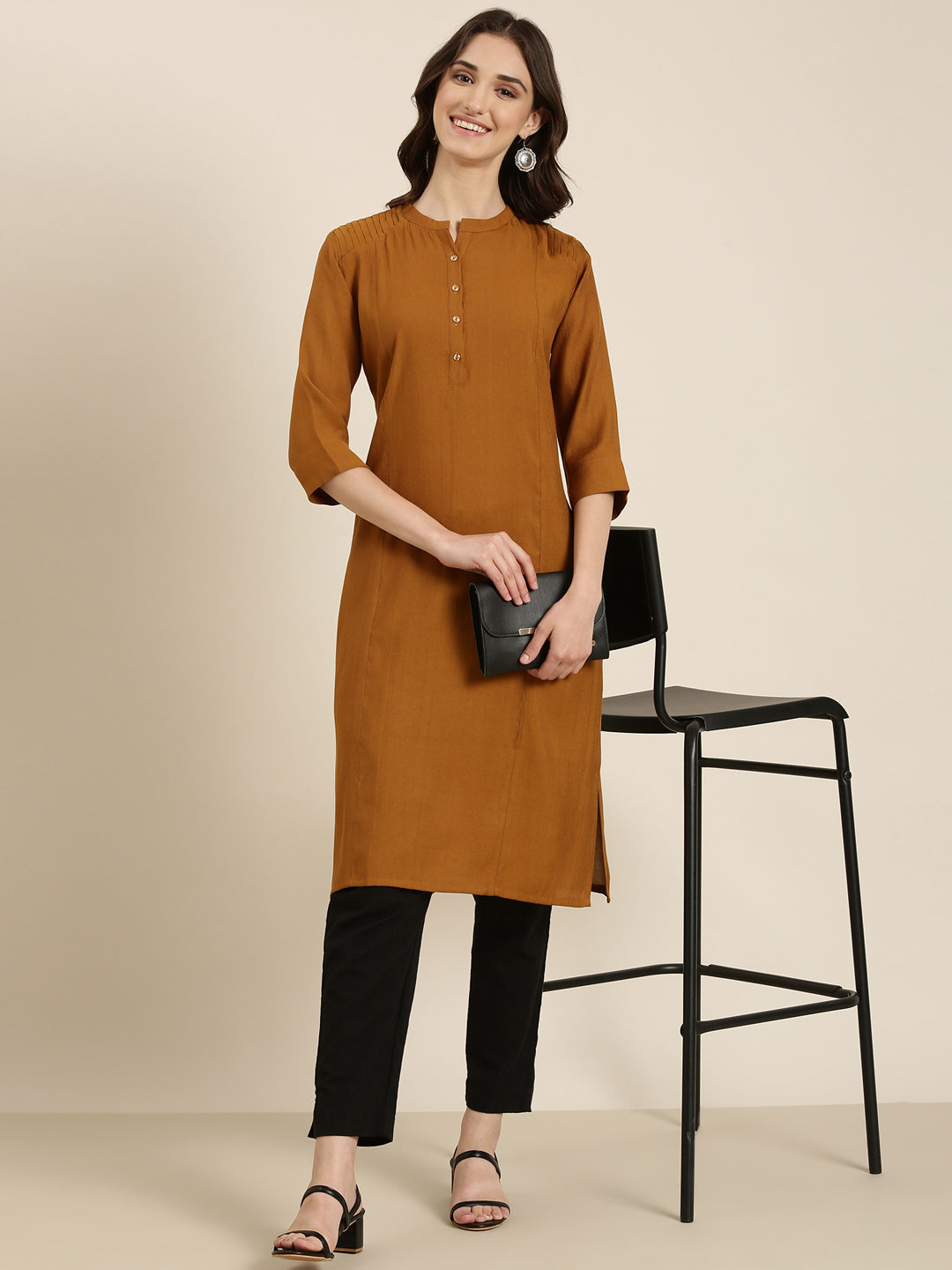 Women's Camel Brown Mandarin Collar Straight Kurta