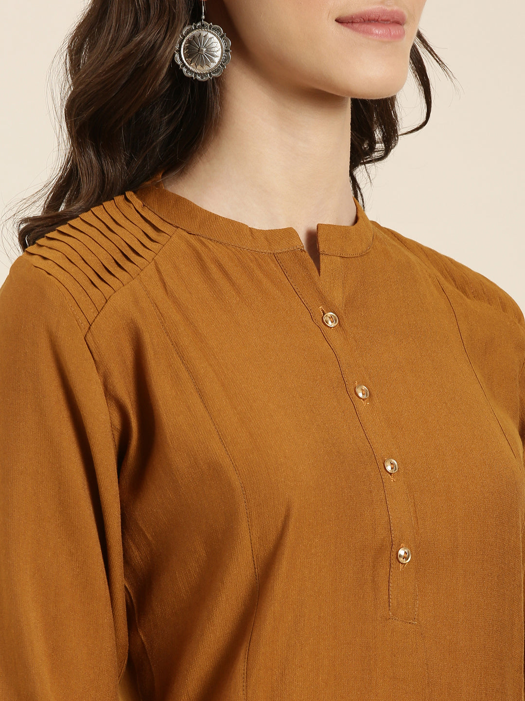 Women's Camel Brown Mandarin Collar Straight Kurta