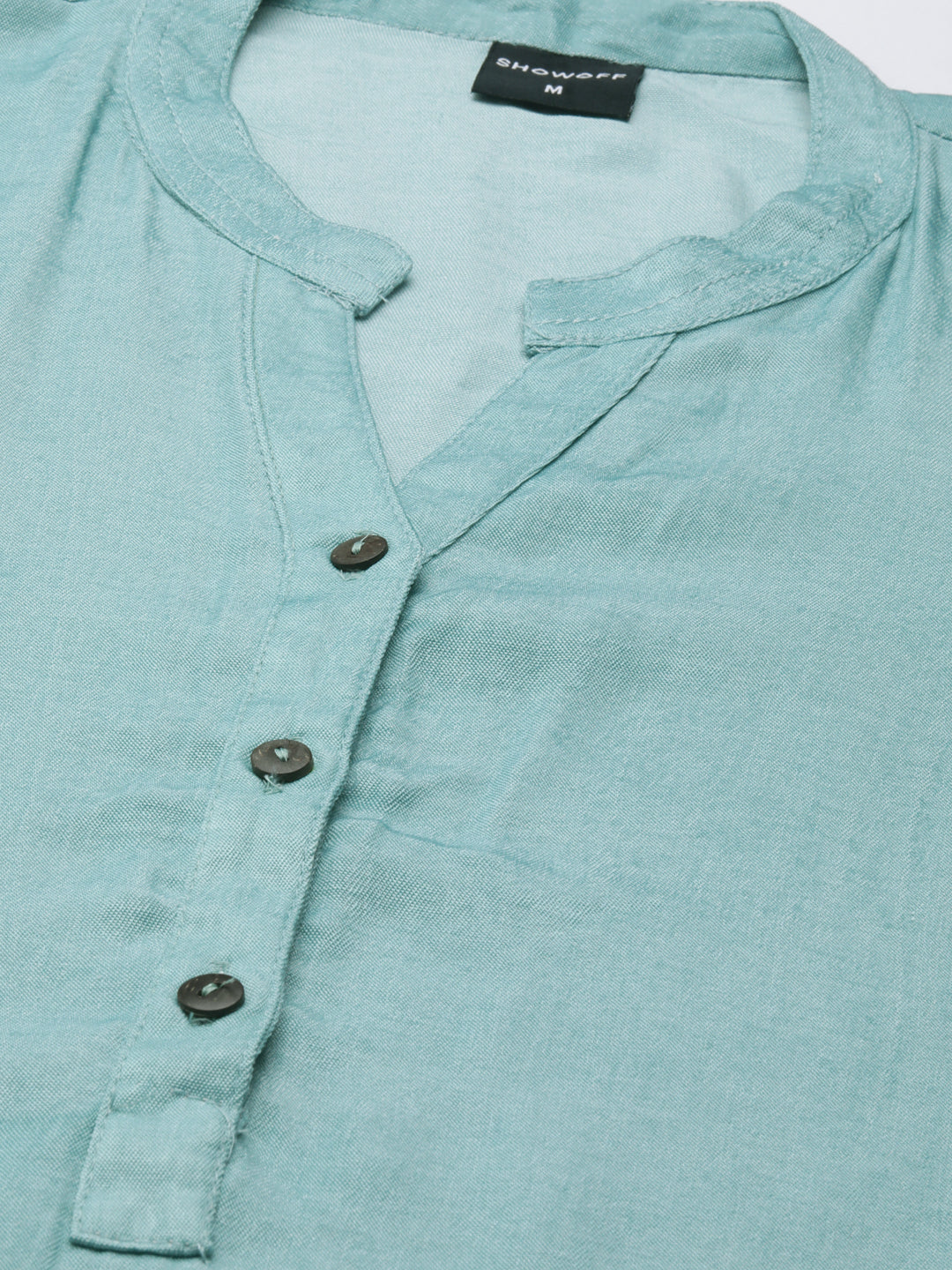 Women's Turquoise Blue Mandarin Collar Cotton Straight Kurta