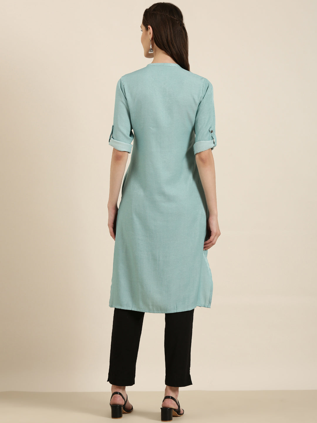 Women's Turquoise Blue Mandarin Collar Cotton Straight Kurta