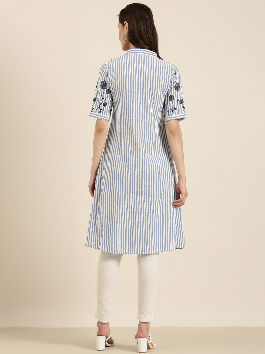 Women's Blue Striped Pure Cotton A Line Kurta
