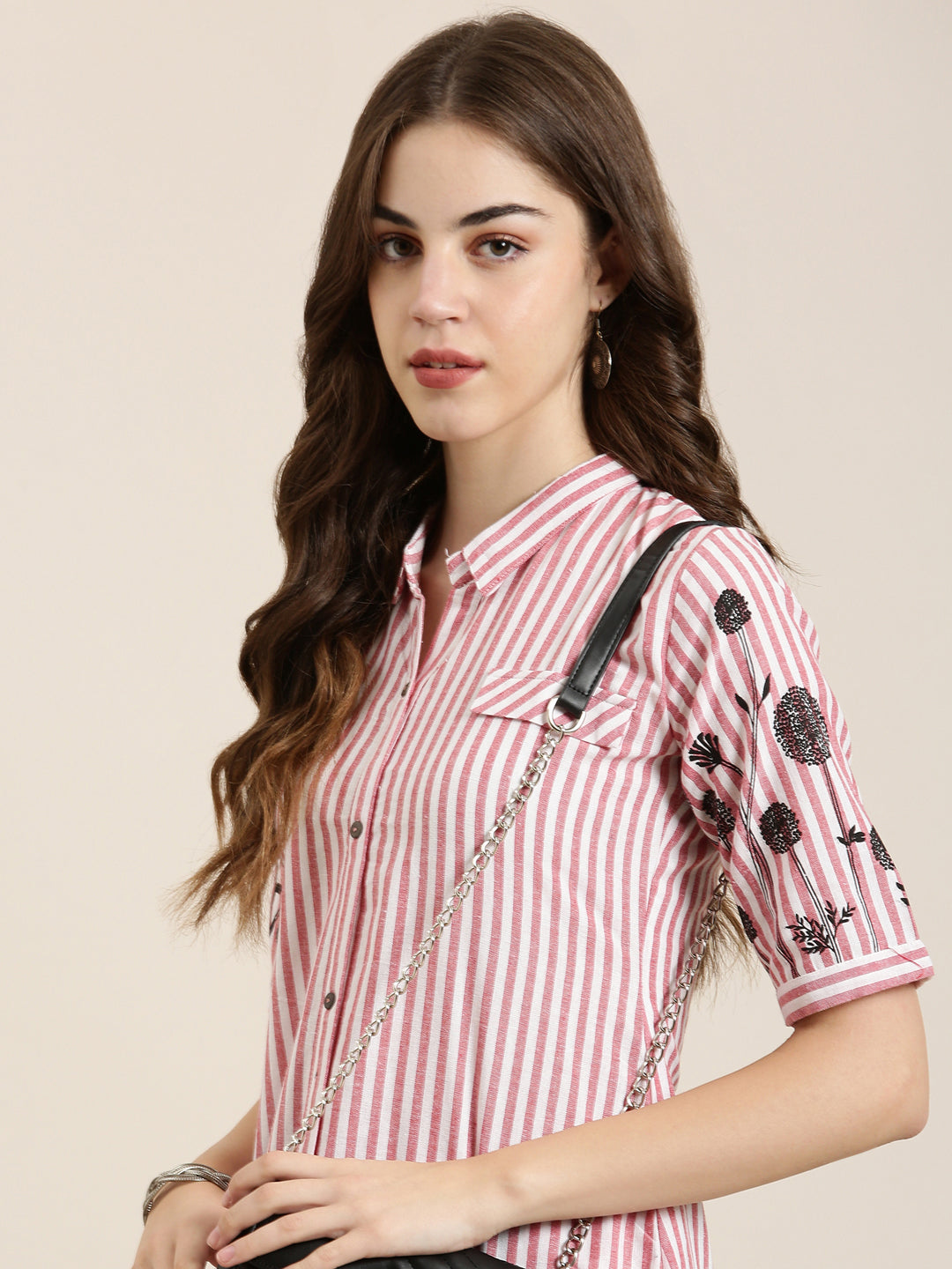 Women's Red Shirt Collar Striped Cotton A-Line Kurta