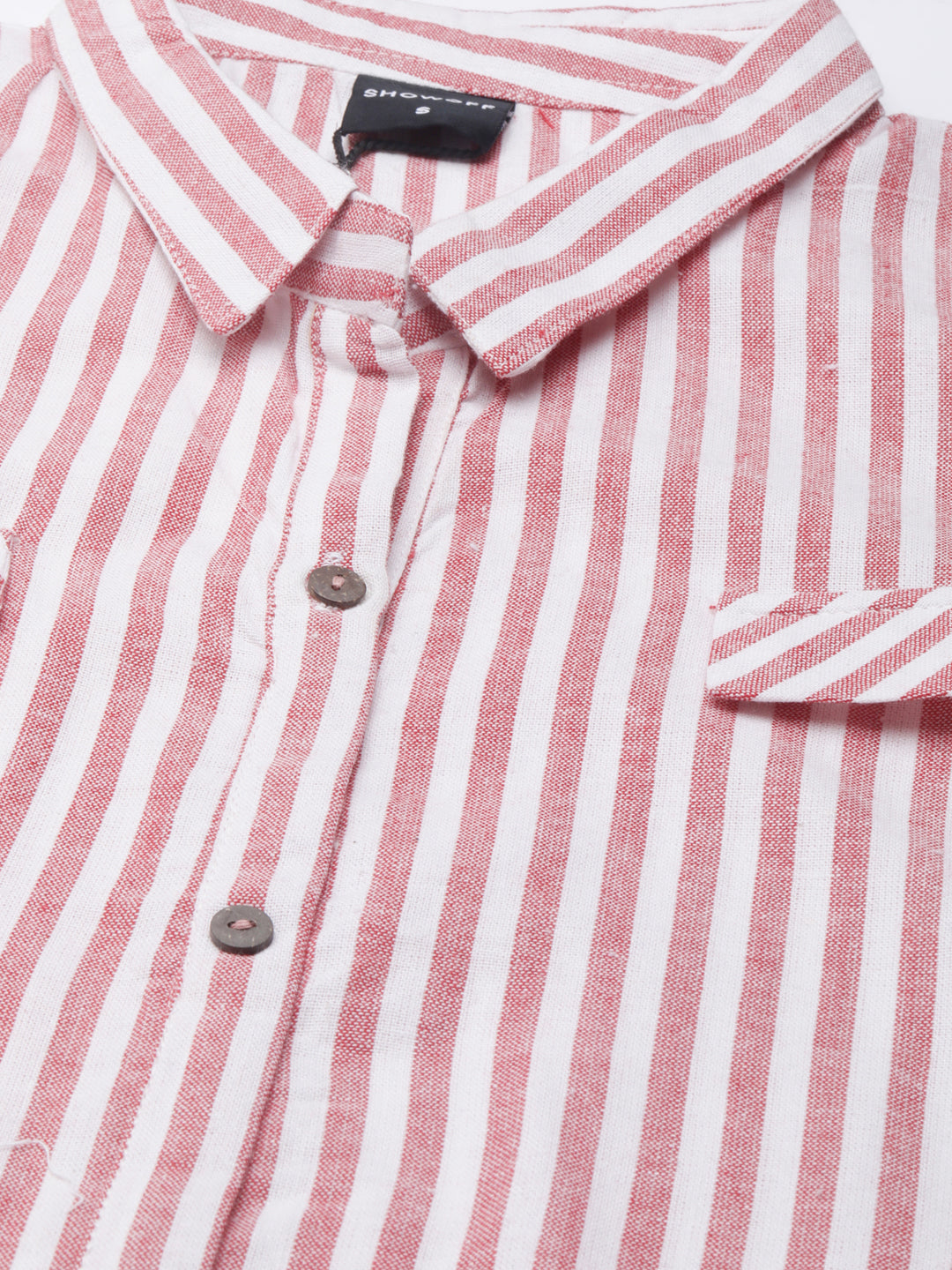 Women's Red Shirt Collar Striped Cotton A-Line Kurta