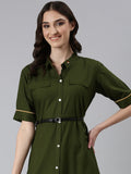 Women's Olive Shirt Collar Short Sleeves Belted Shirt Dress