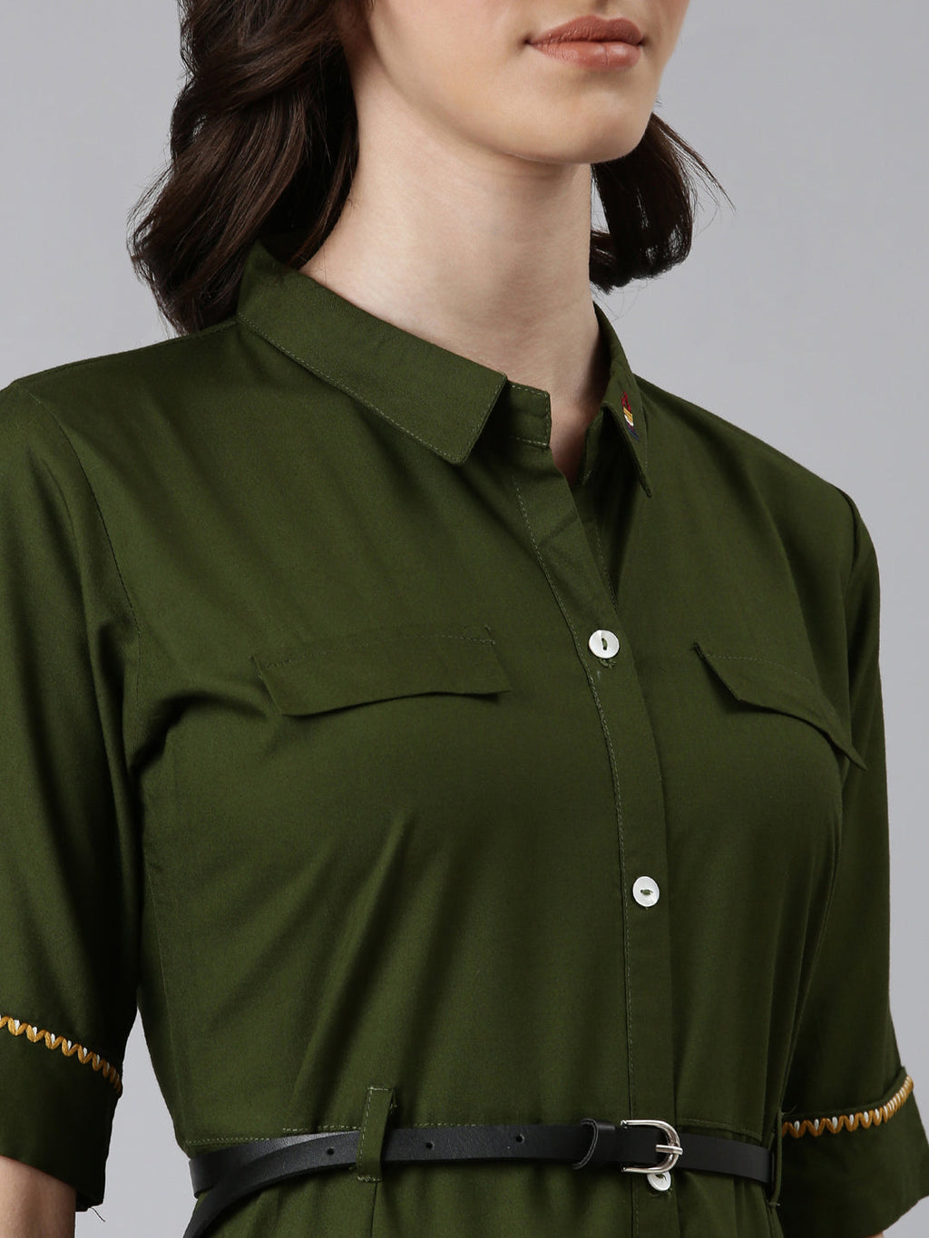 Women's Olive Shirt Collar Short Sleeves Belted Shirt Dress