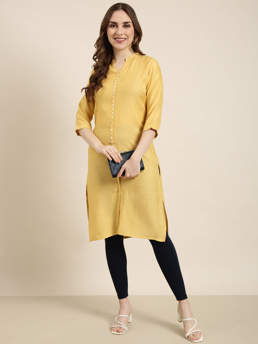 Women's Straight Mustard Solid Kurta