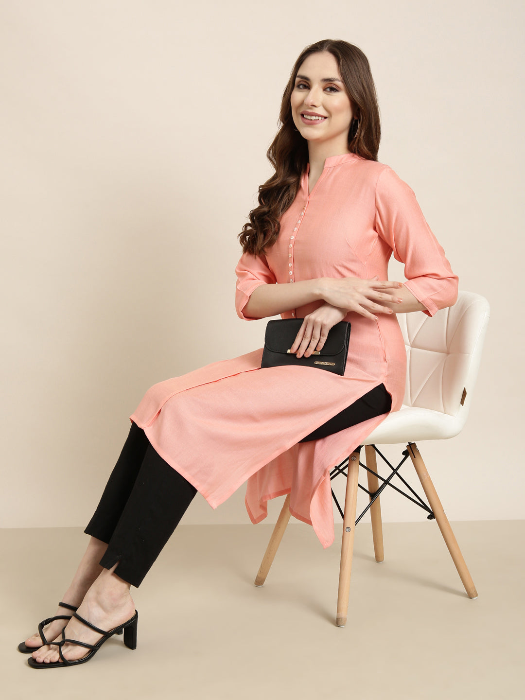 Women's Straight Peach Solid Kurta