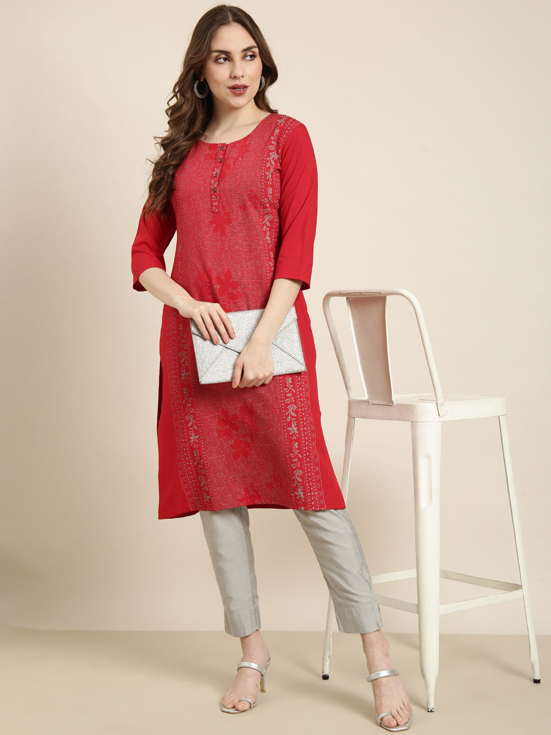 Women's Straight Red Floral Kurta