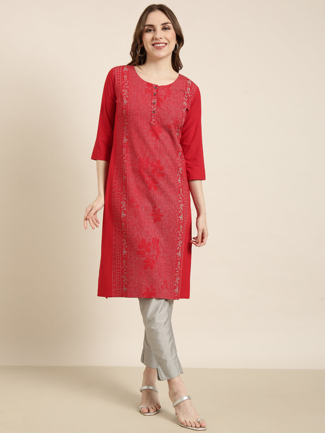 Women's Straight Red Floral Kurta