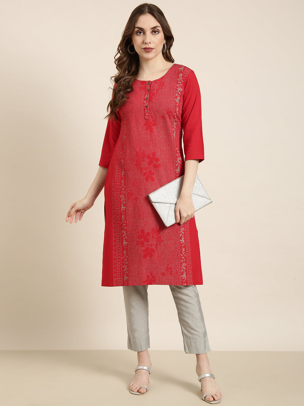 Women's Straight Red Floral Kurta
