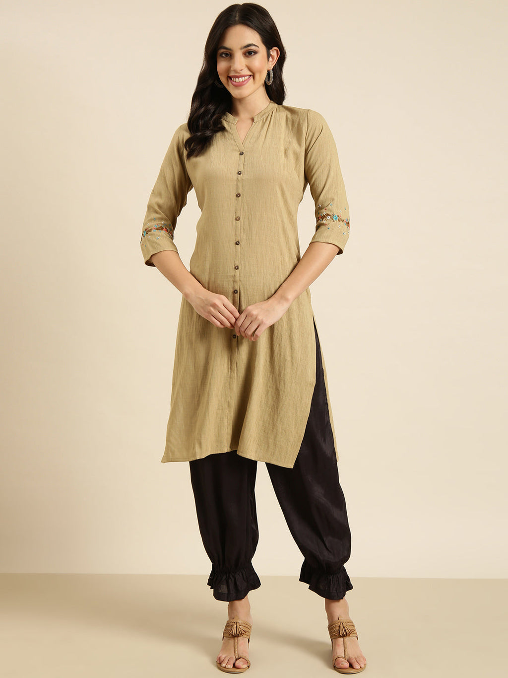 Women's Straight Beige Solid Kurta
