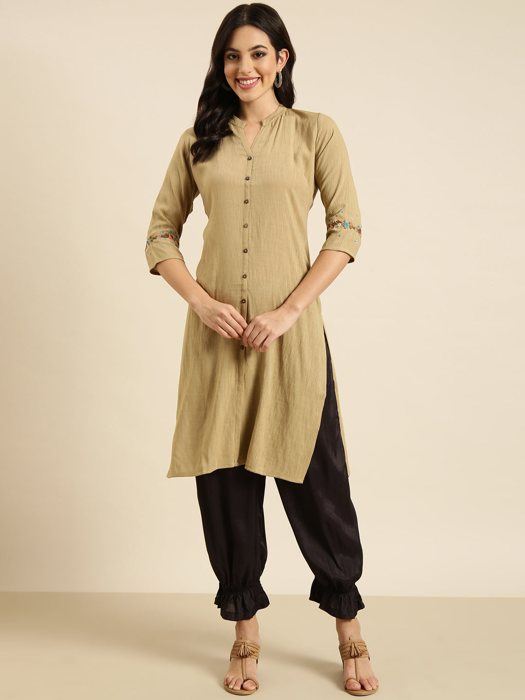 Women's Straight Beige Solid Kurta