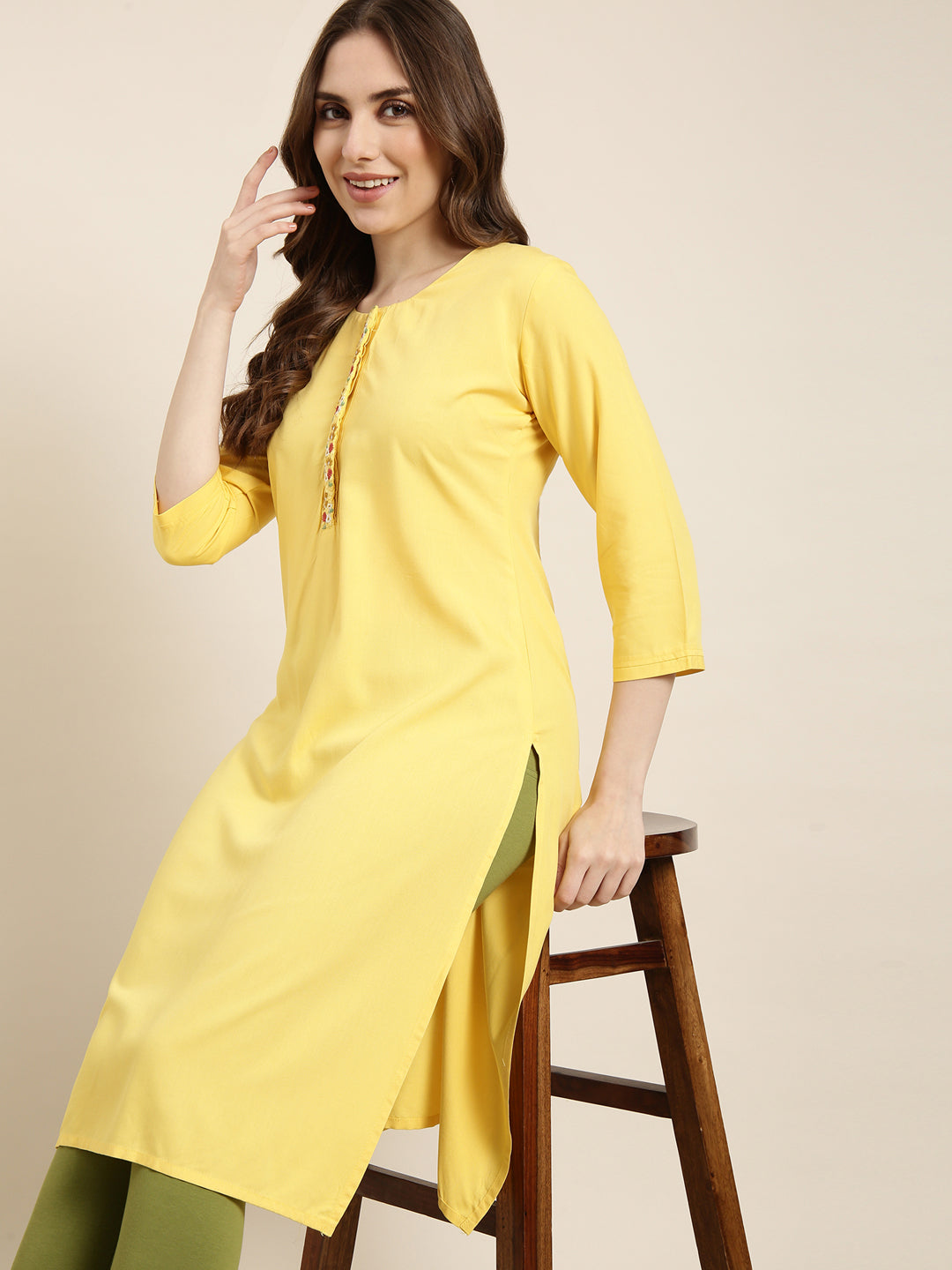 Women's Straight Yellow Solid Kurta