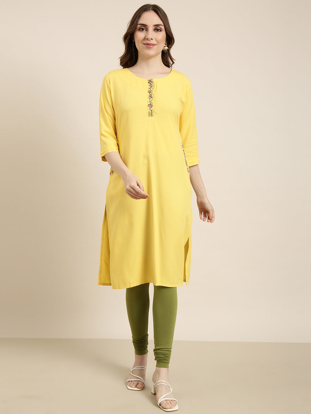 Women's Straight Yellow Solid Kurta