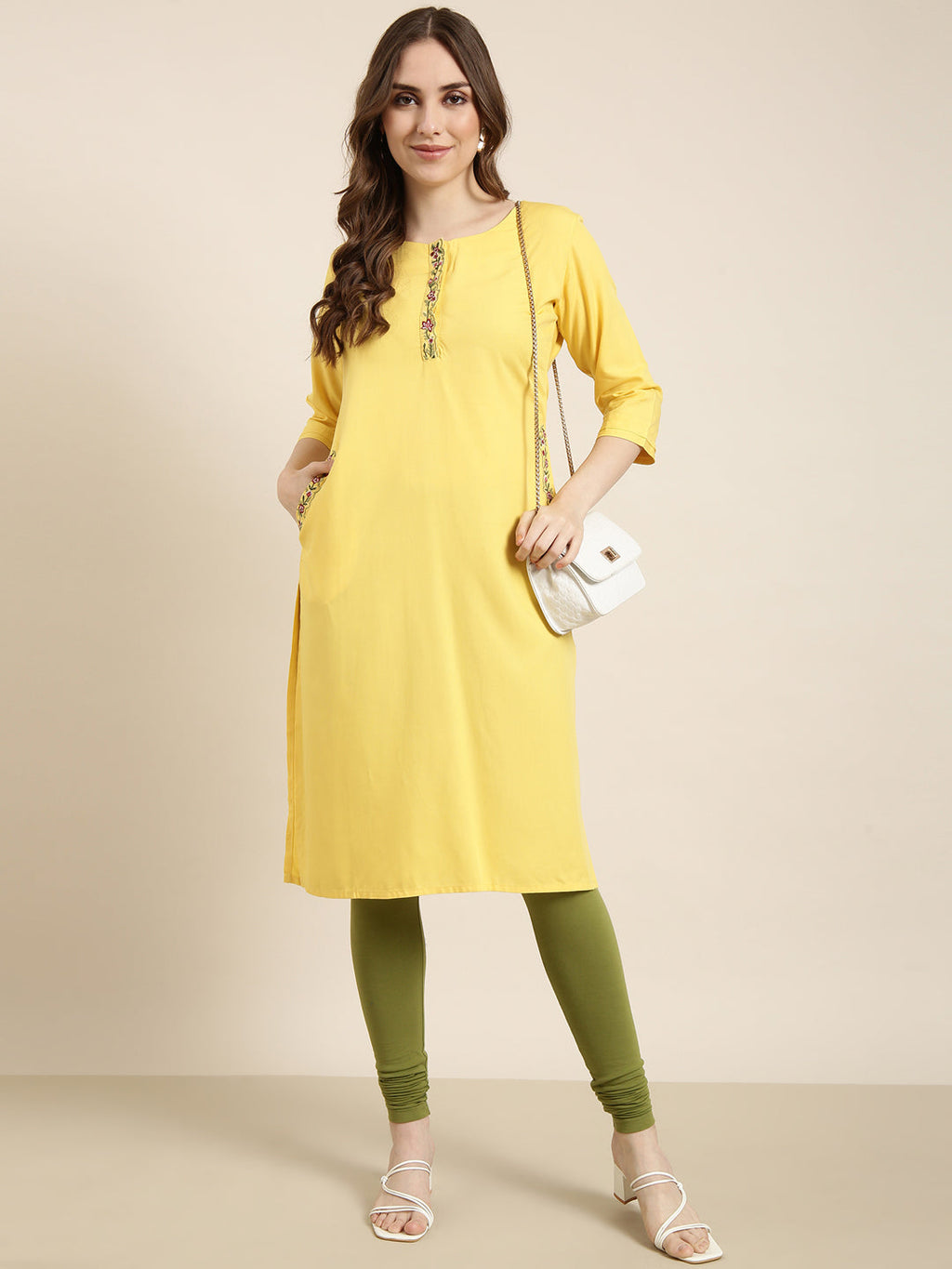 Women's Straight Yellow Solid Kurta