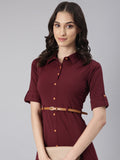 Women's Maroon Belted Shirt Style Dress