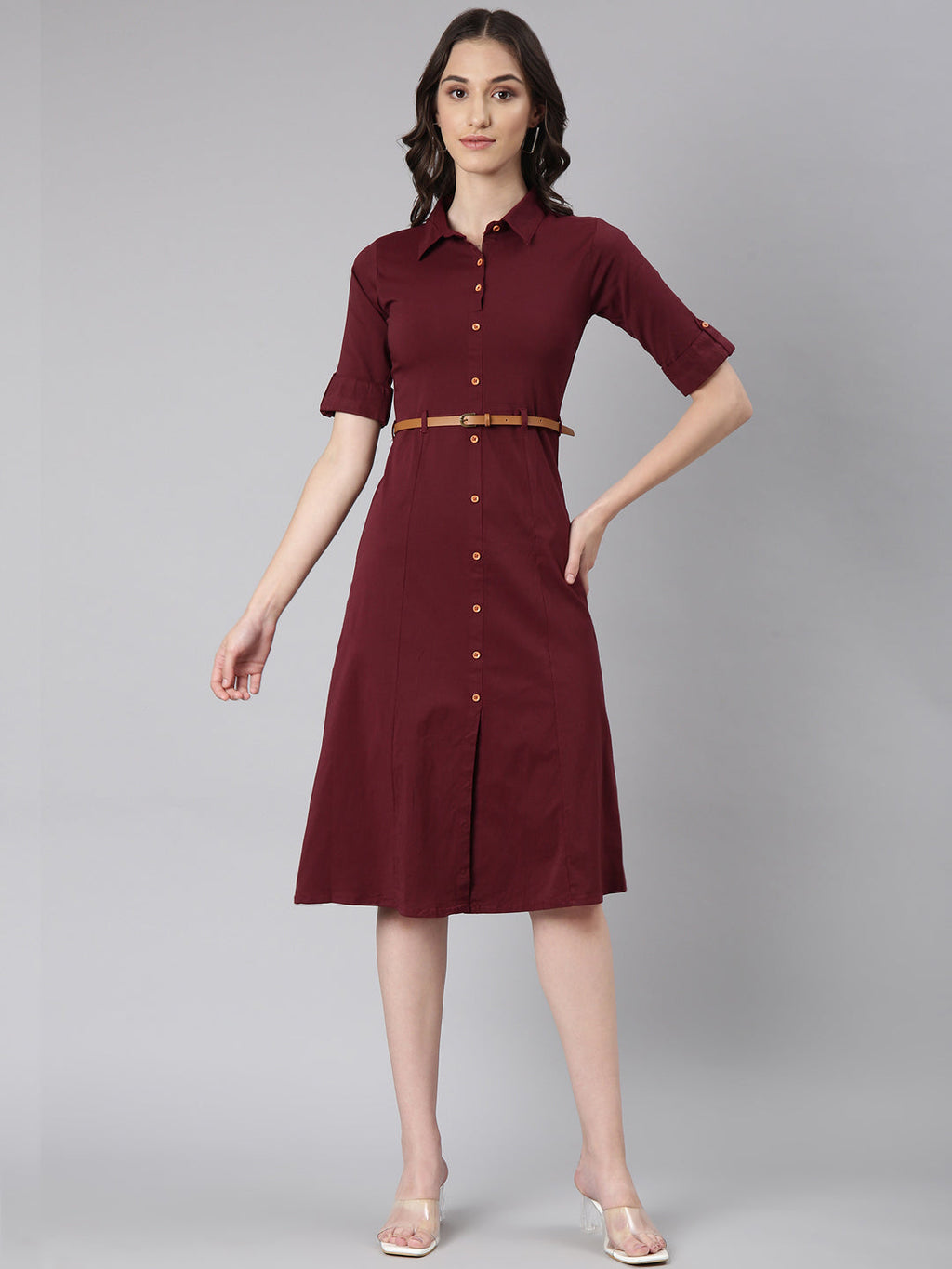 Women's Maroon Belted Shirt Style Dress