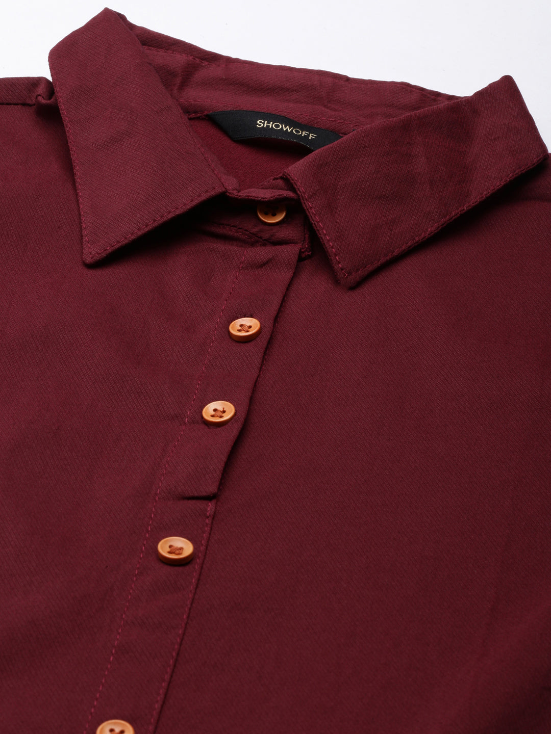 Women's Maroon Belted Shirt Style Dress