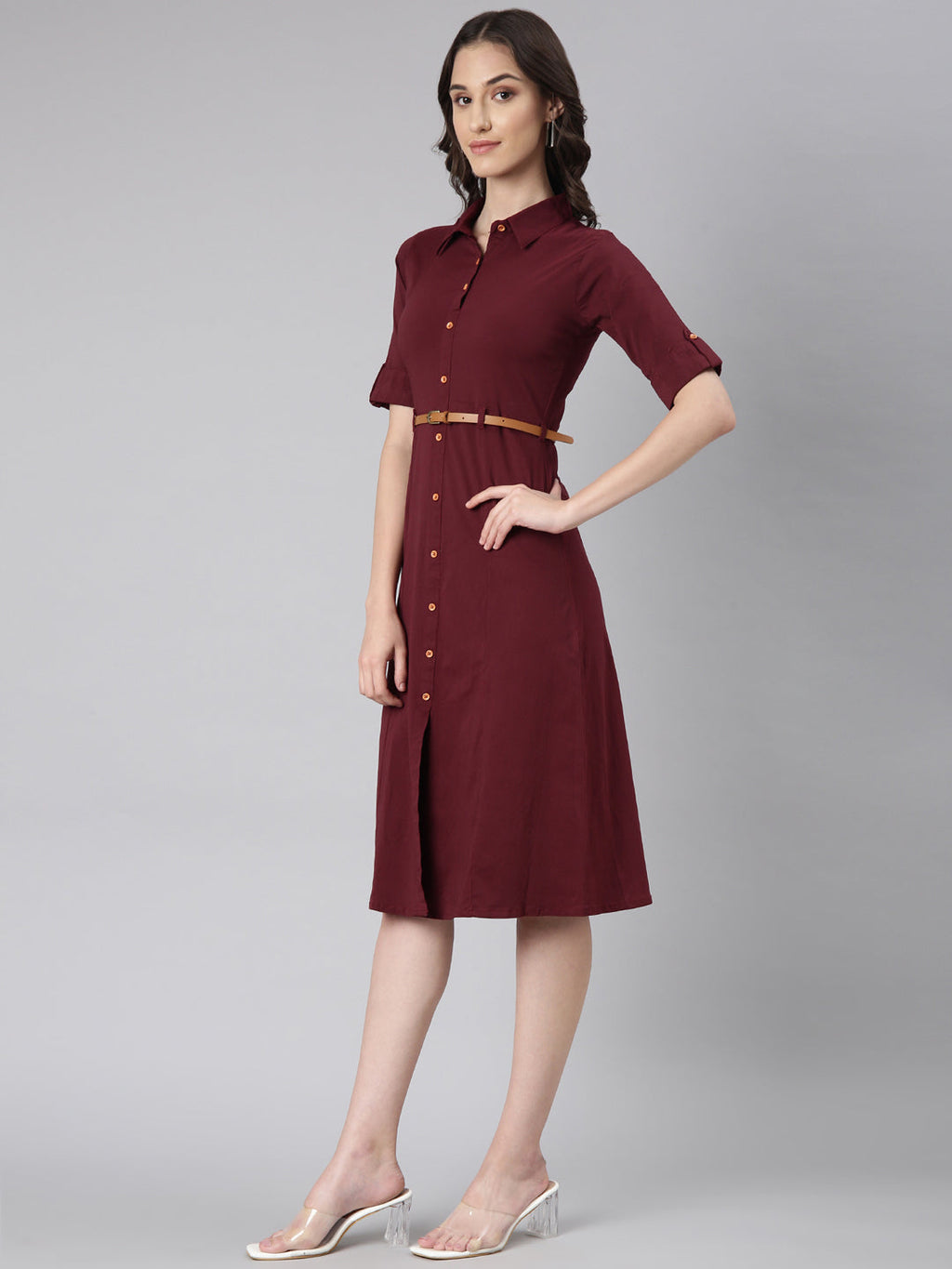 Women's Maroon Belted Shirt Style Dress