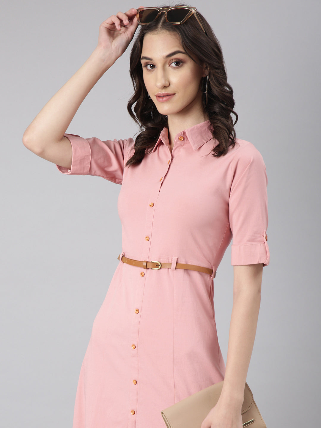 Women's Pink Shirt Collar Short Sleeves Cotton Shirt Dress