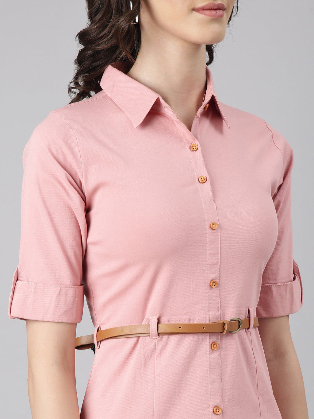 Women's Pink Shirt Collar Short Sleeves Cotton Shirt Dress