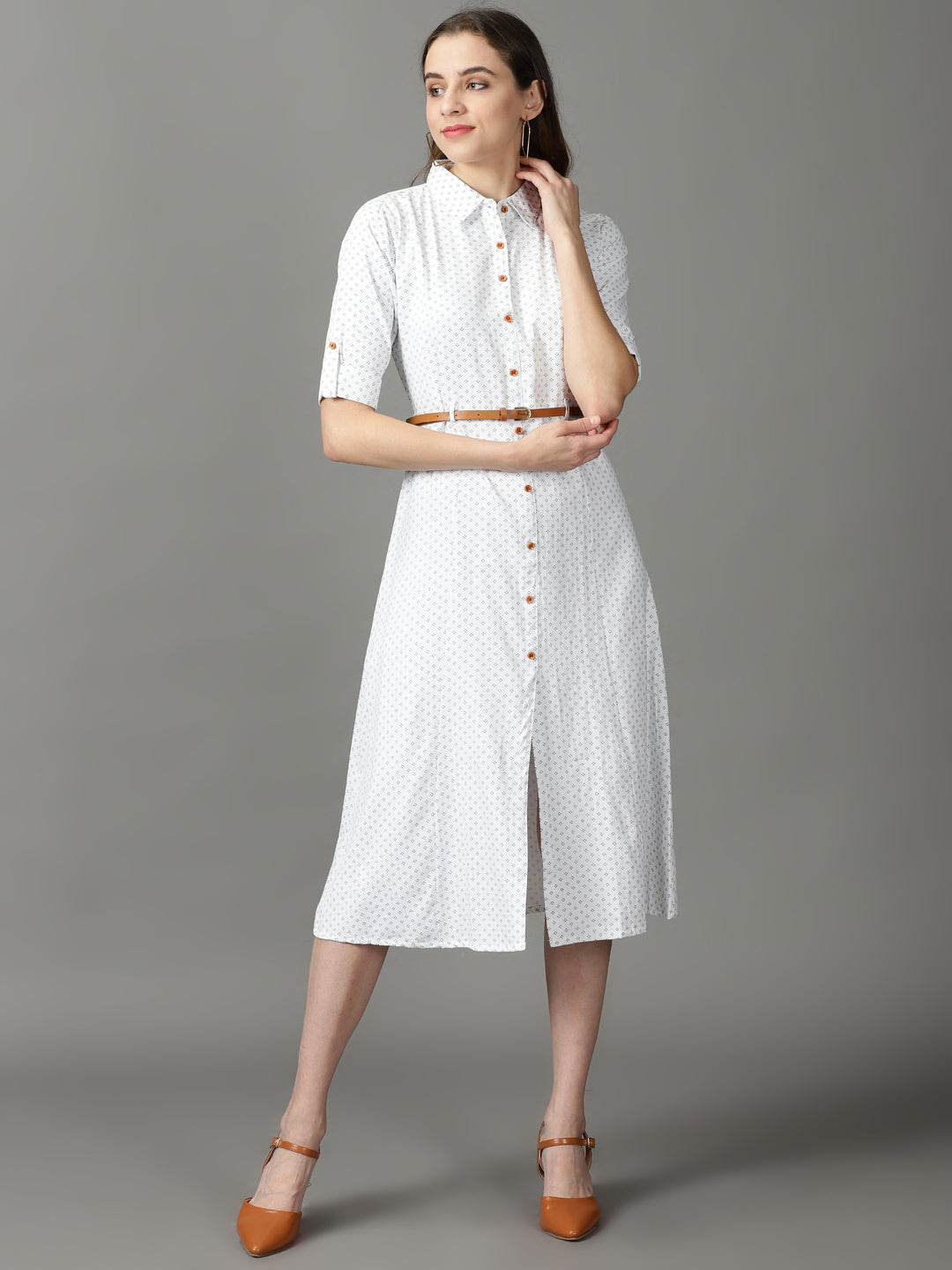 Women's White Belted Roll-Up Sleeves Cotton Shirt Midi Dress