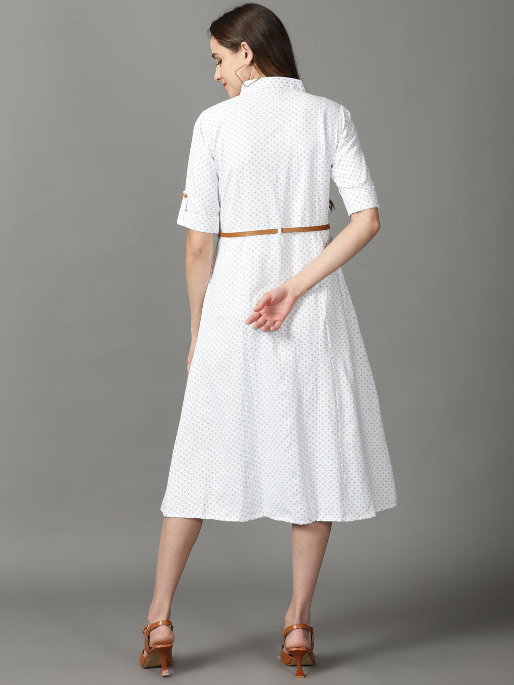 Women's White Belted Roll-Up Sleeves Cotton Shirt Midi Dress