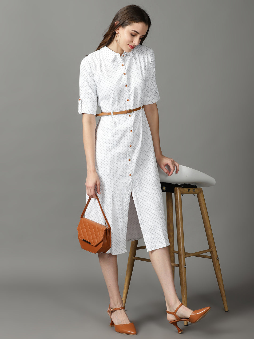 Women's White Belted Roll-Up Sleeves Cotton Shirt Midi Dress