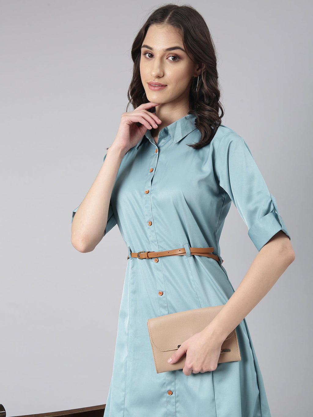 Women's Teal Satin Shirt Dress