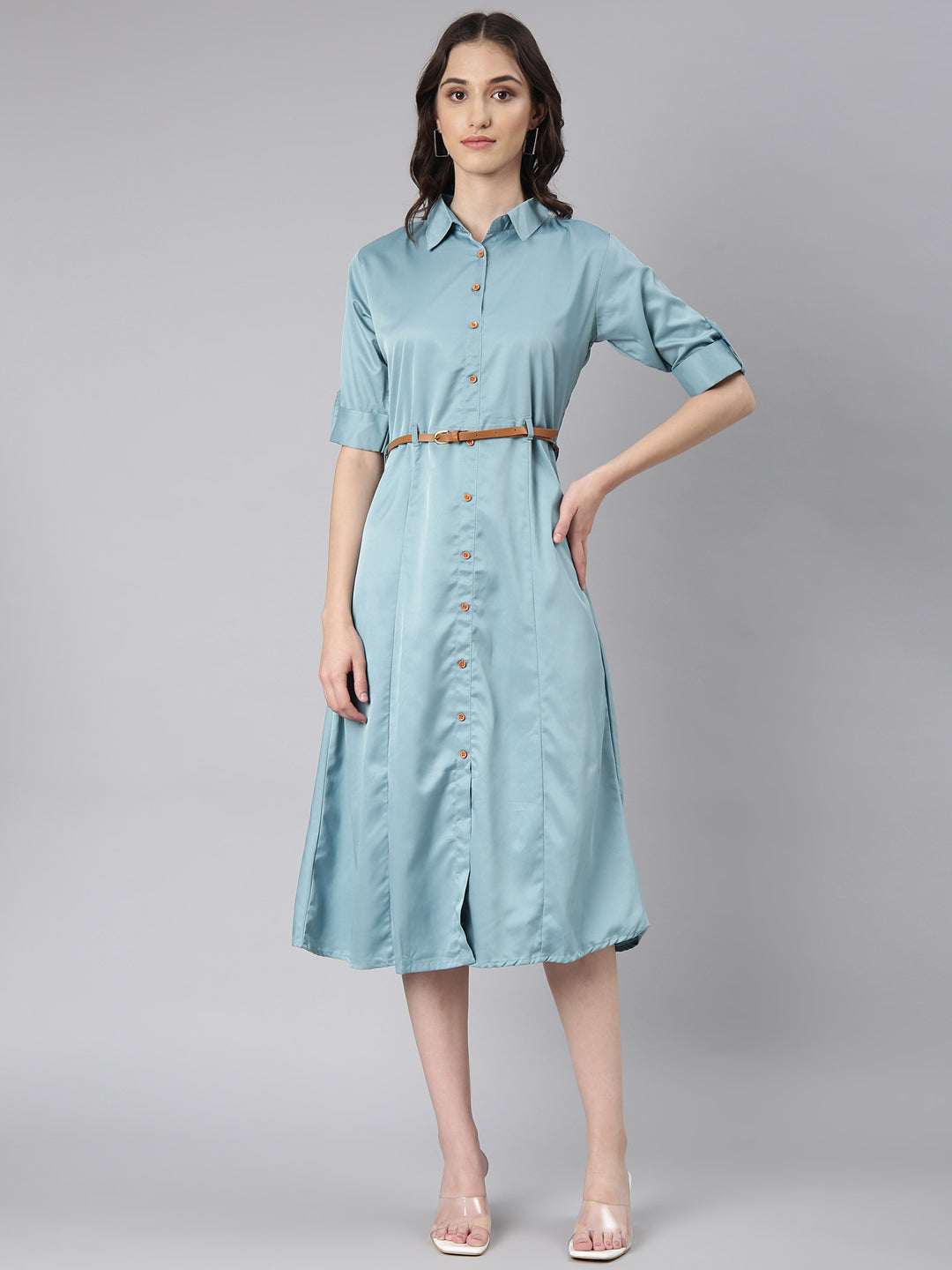 Women's Teal Satin Shirt Dress