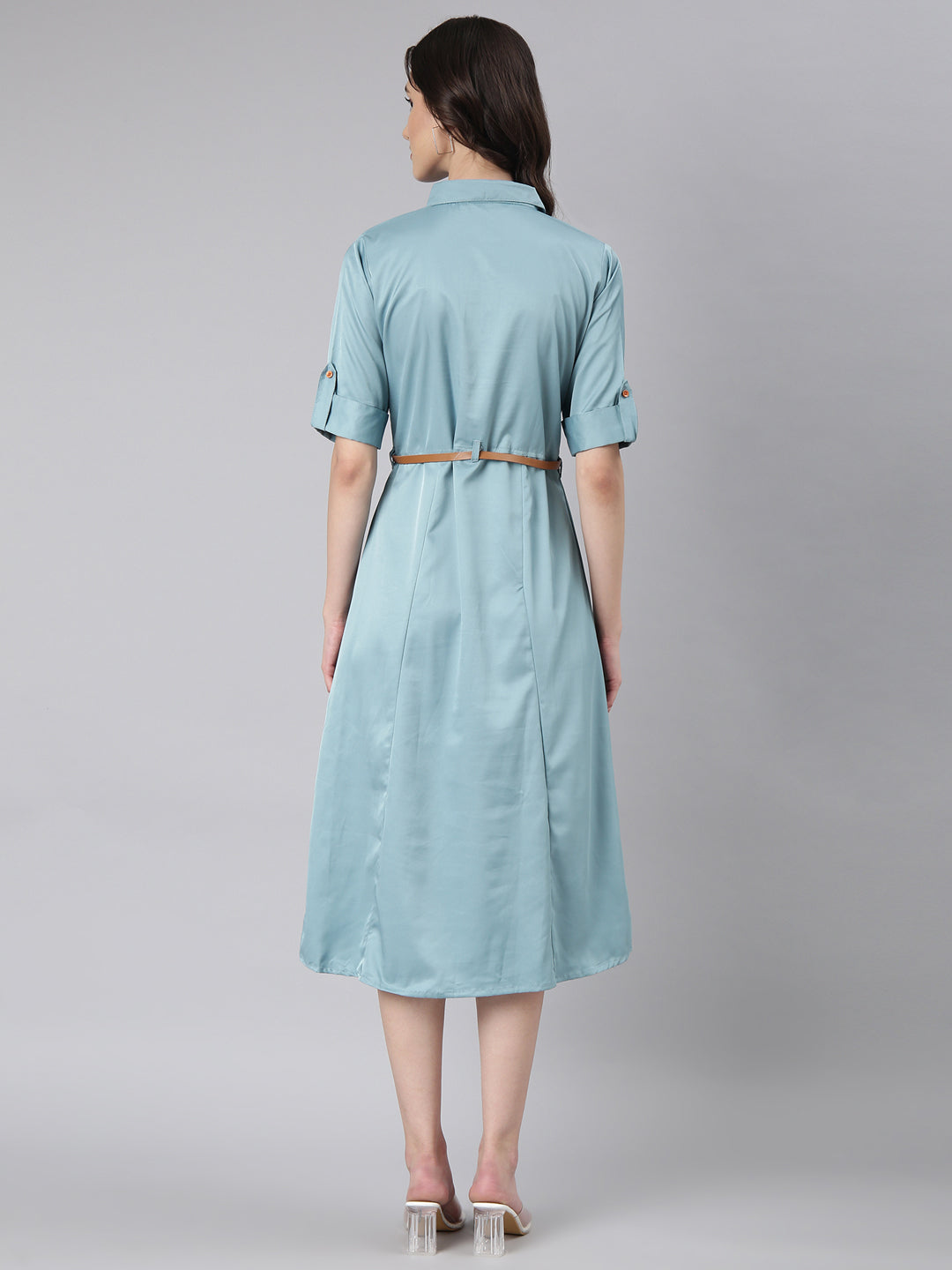 Women's Teal Satin Shirt Dress