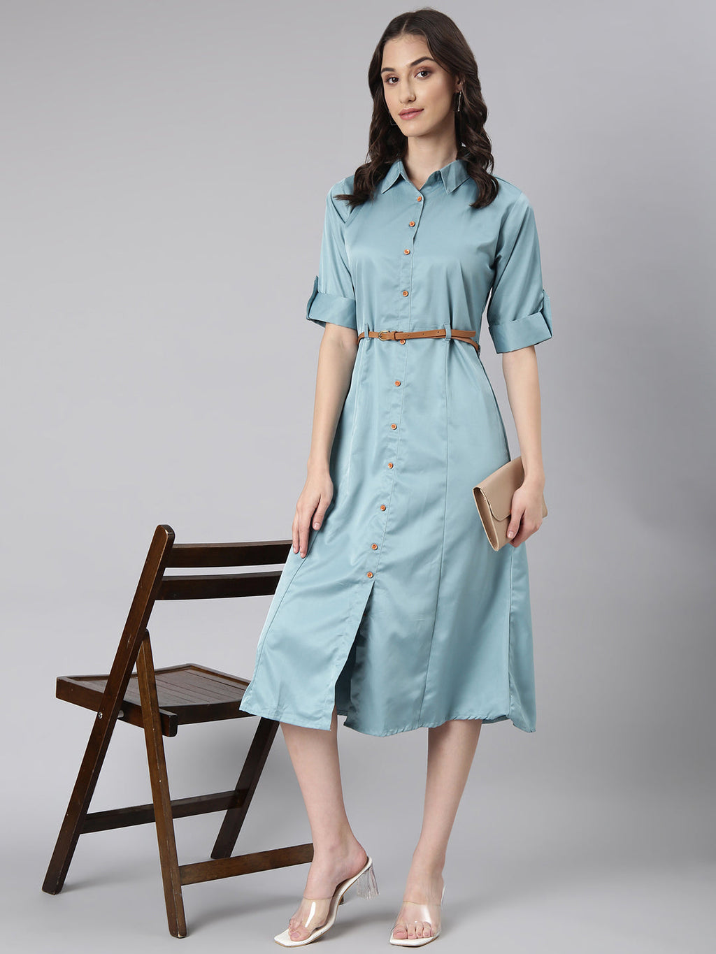Women's Teal Satin Shirt Dress