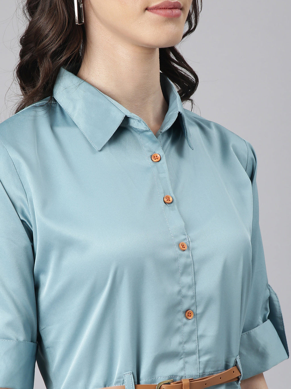 Women's Teal Satin Shirt Dress