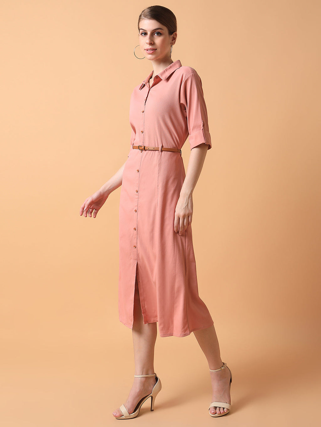 Women's Solid Peach Midi A-Line Dress with Belt
