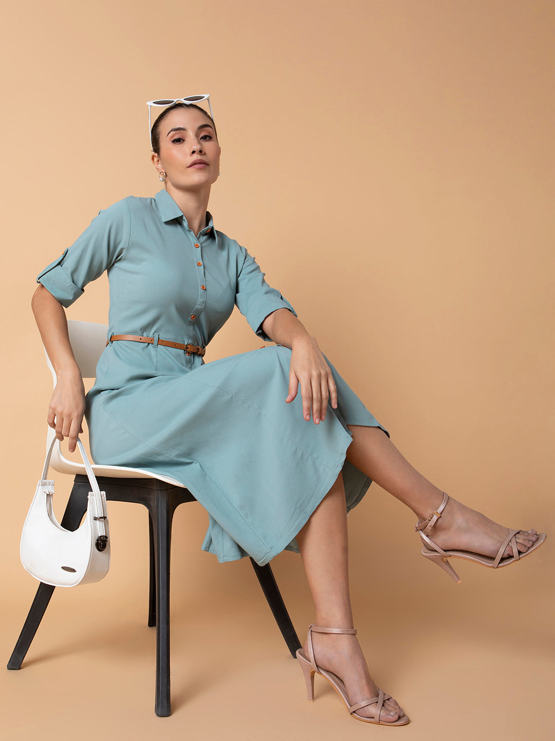 Women's Solid Sea Green Midi A-Line Dress with Belt