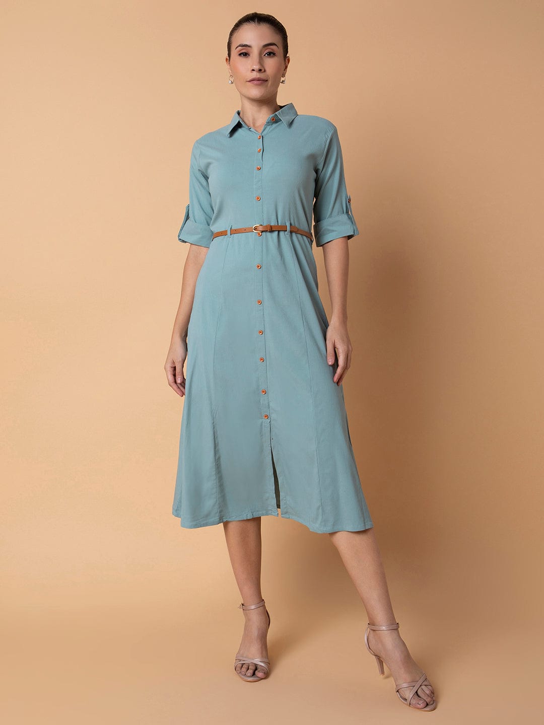 Women's Solid Sea Green Midi A-Line Dress with Belt