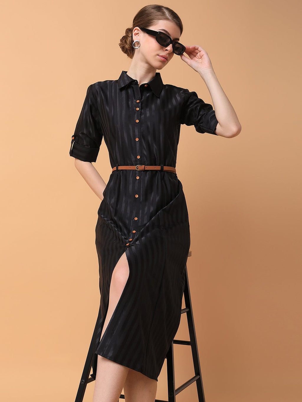 Women's Solid Black Midi Shirt Style Dress with Belt