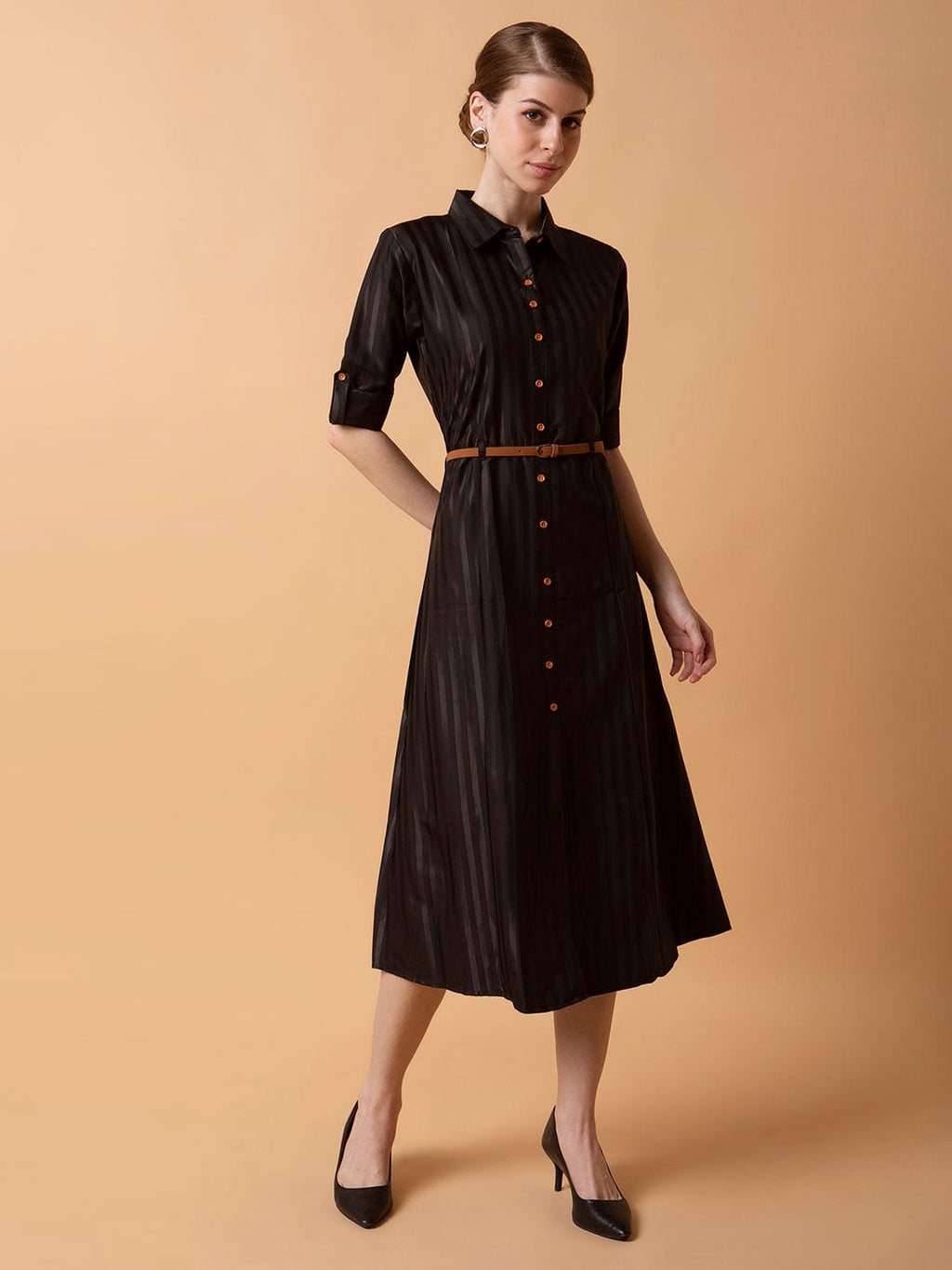 Women's Solid Black Midi Shirt Style Dress with Belt
