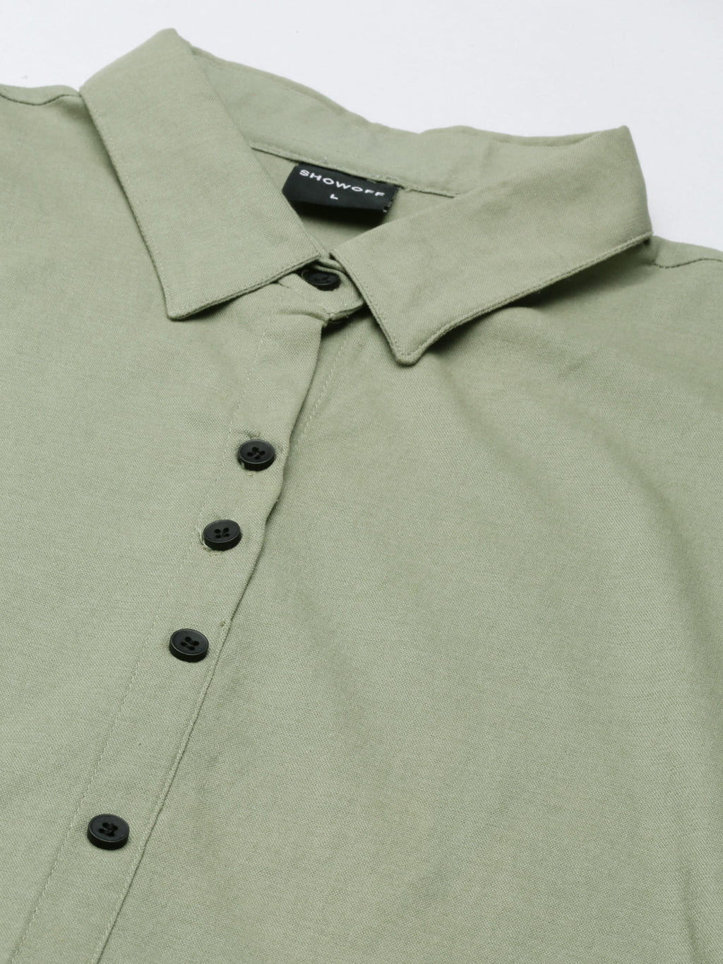 Women's Green Shirt Collar Roll-Up Sleeves Belted A-Line Dress