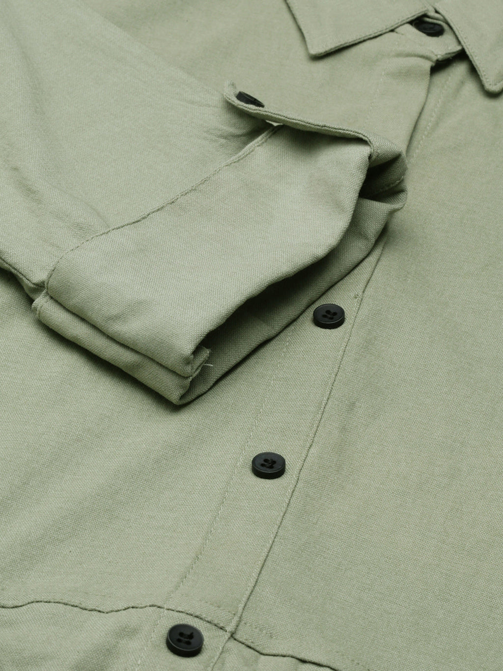 Women's Green Shirt Collar Roll-Up Sleeves Belted A-Line Dress