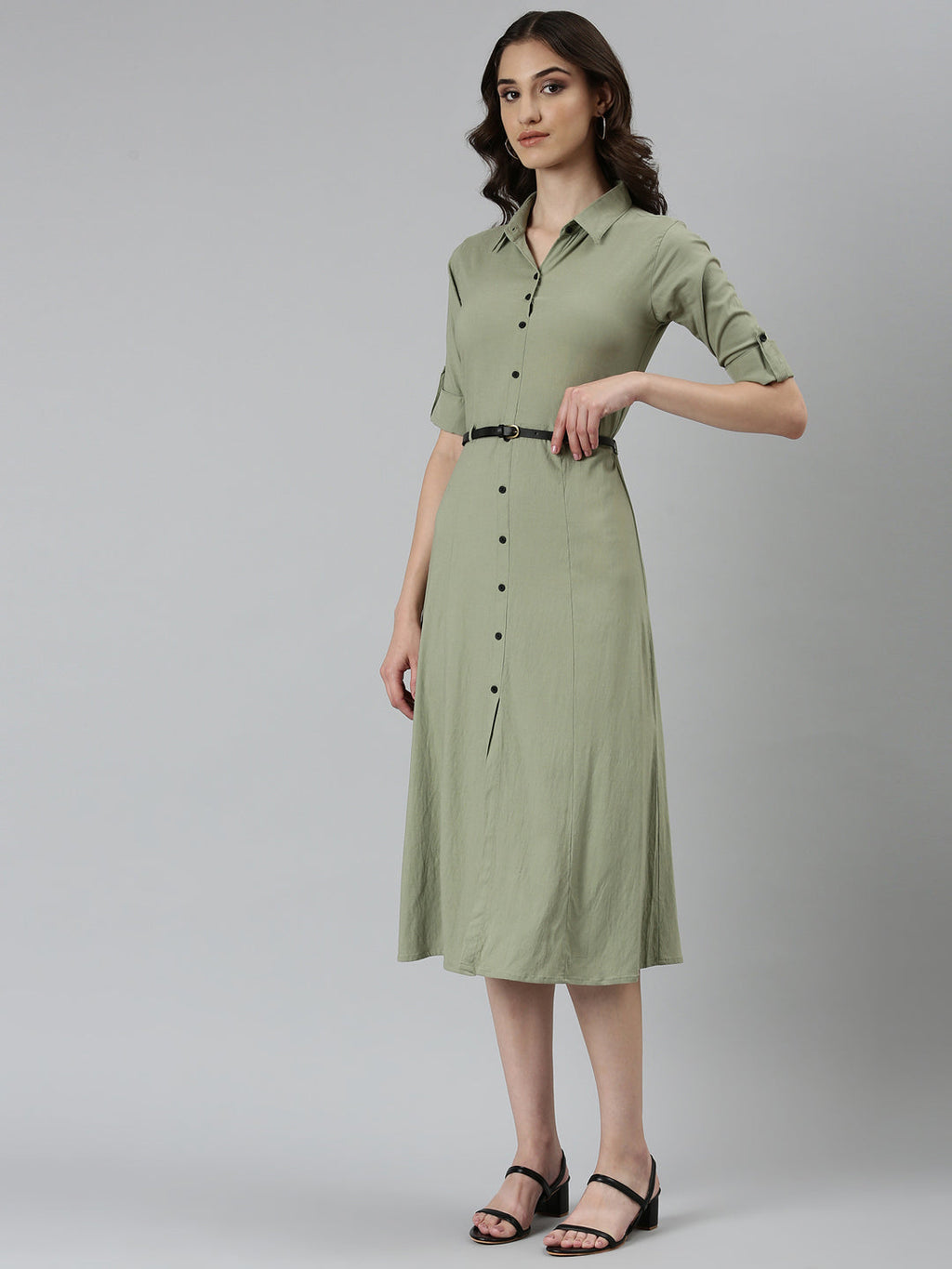 Women's Green Shirt Collar Roll-Up Sleeves Belted A-Line Dress