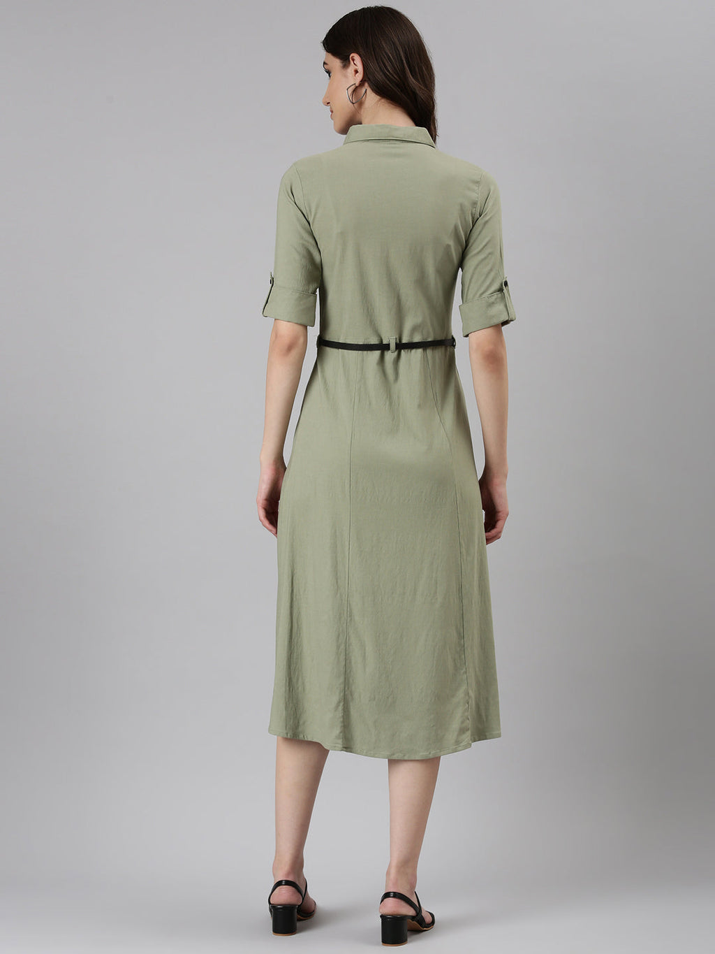 Women's Green Shirt Collar Roll-Up Sleeves Belted A-Line Dress
