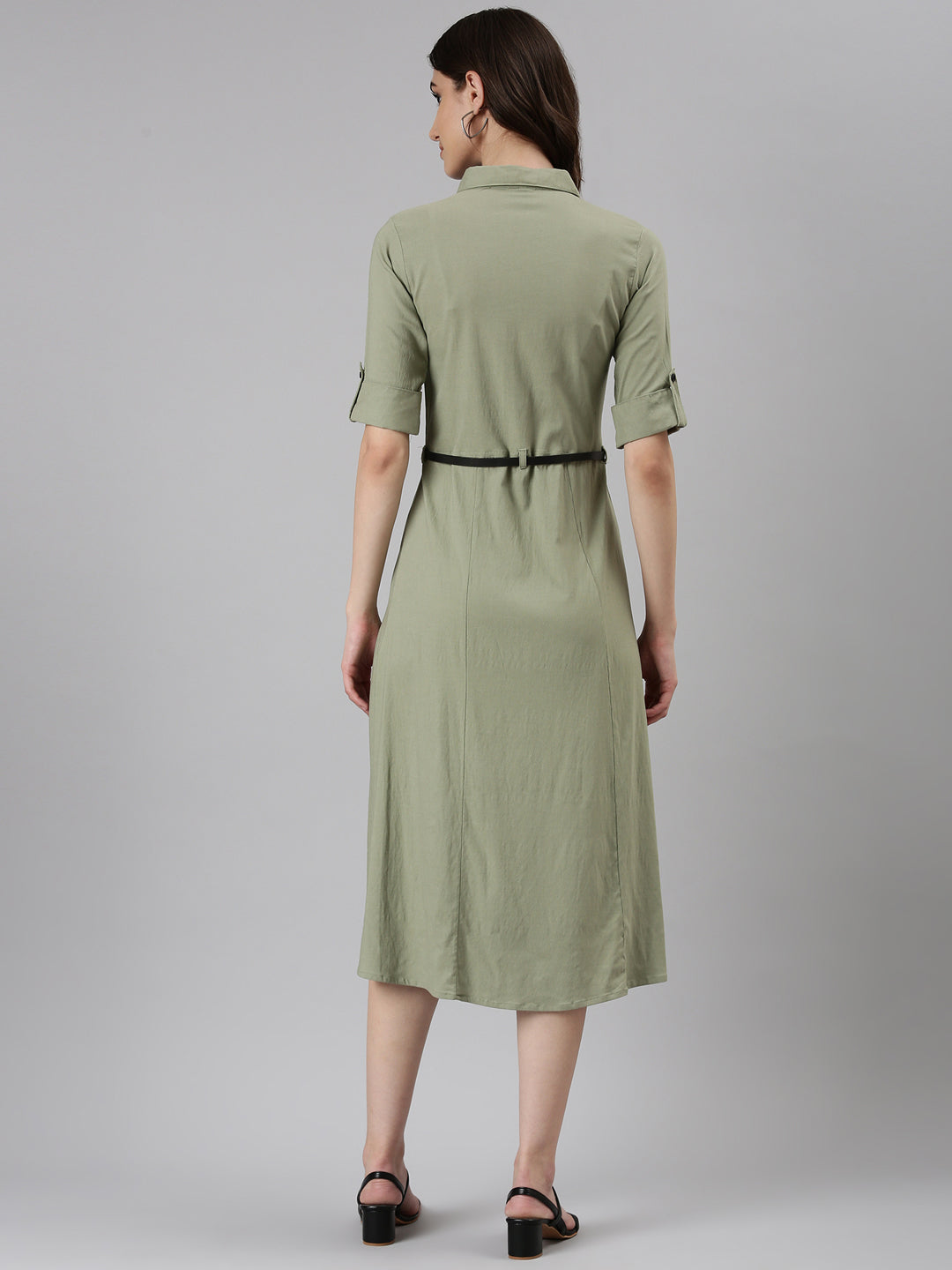 Women's Green Shirt Collar Roll-Up Sleeves Belted A-Line Dress