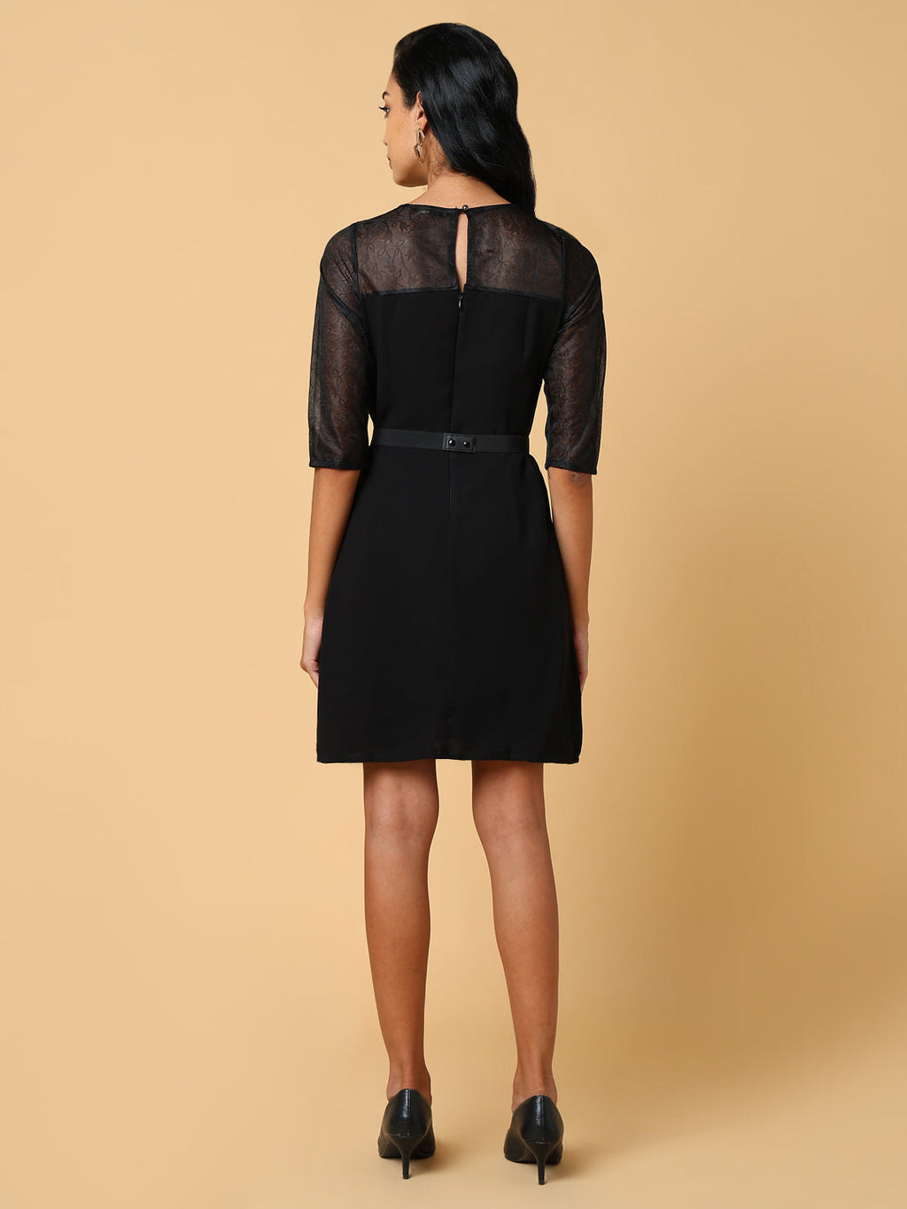 Women's Black Three-Quarter Sleeves Fit & Flare Dress